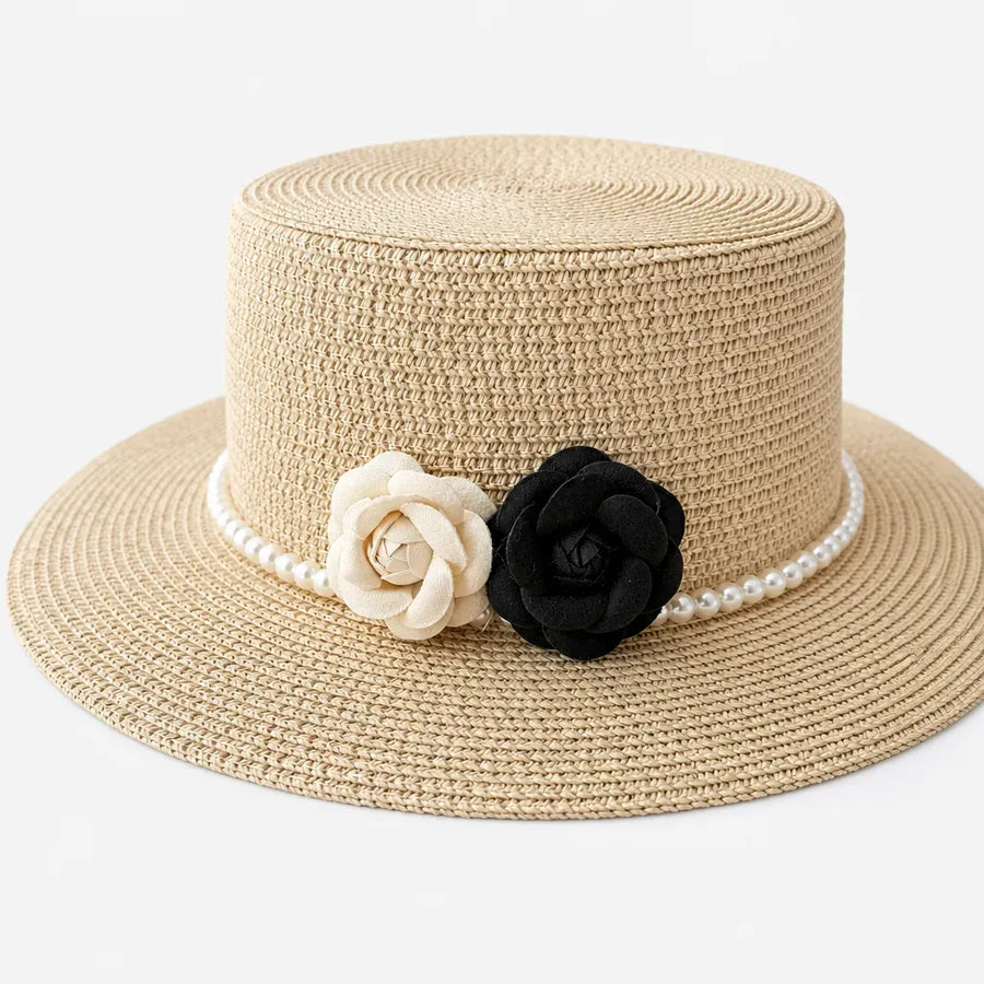 La boîte à chapeaux Chapeau Femme de Plage - Camelia et Perles Style Retro