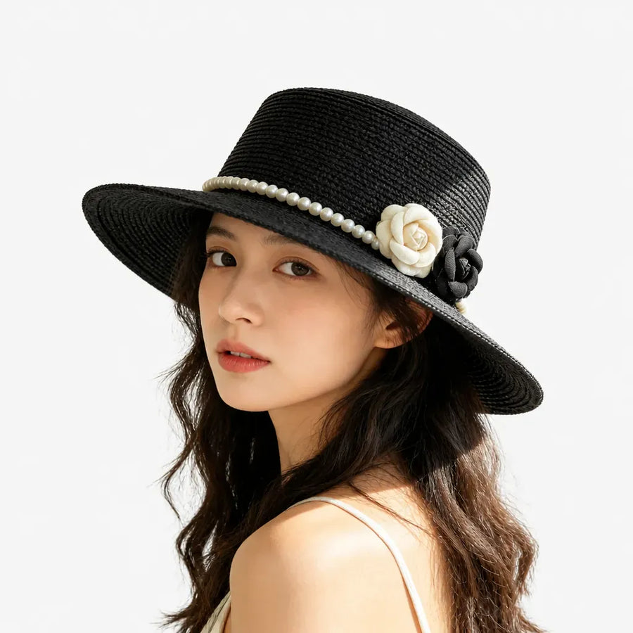 La boîte à chapeaux Chapeau Femme de Plage - Camelia et Perles Style Retro