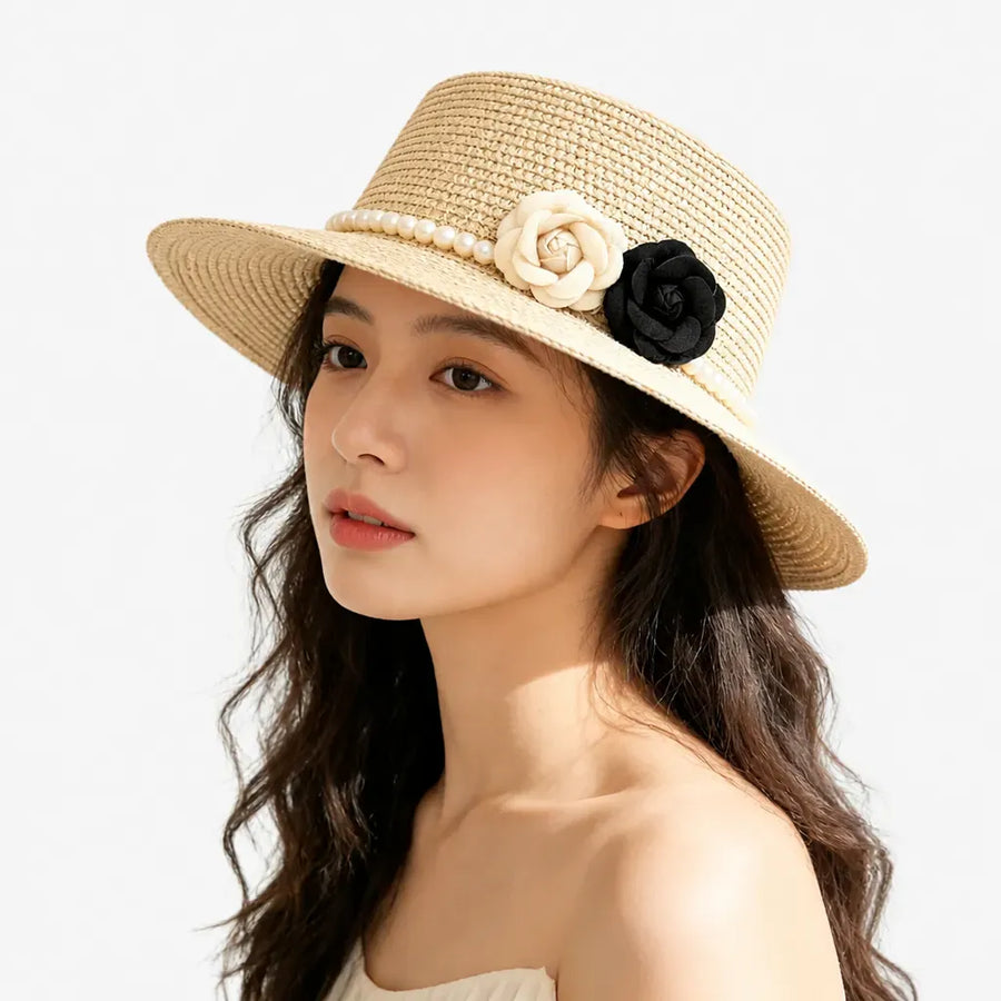 La boîte à chapeaux Chapeau Femme de Plage - Camelia et Perles Style Retro