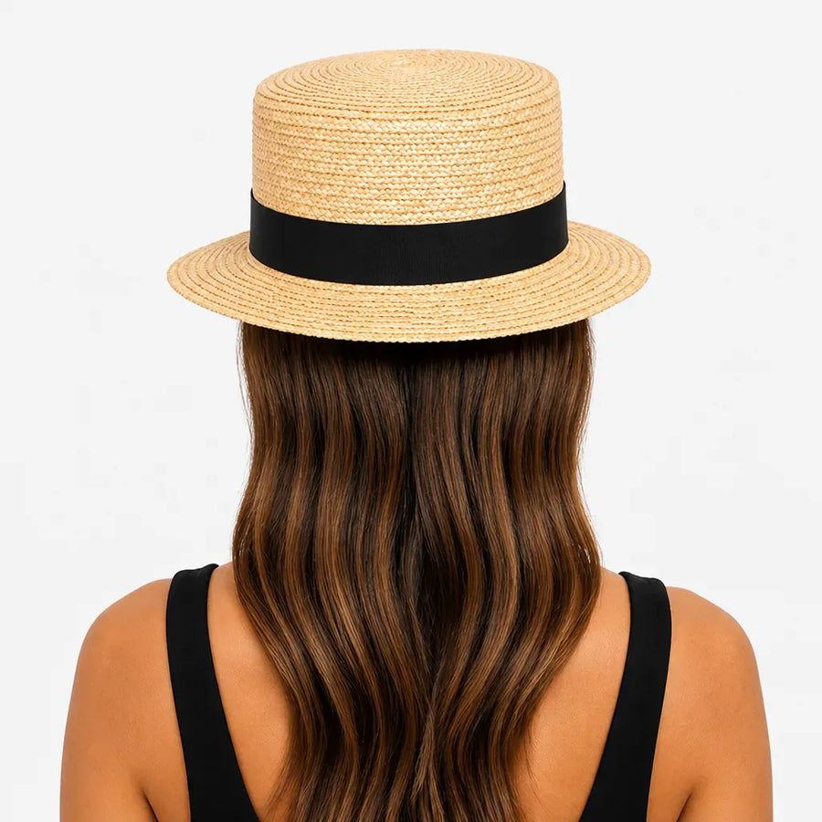 La boîte à chapeaux Chapeau Paille Blanc Femme - Boater Plat avec Ruban