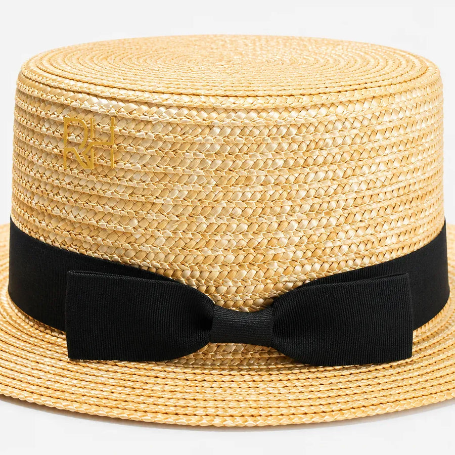 La boîte à chapeaux Chapeau Paille Blanc Femme - Boater Plat avec Ruban