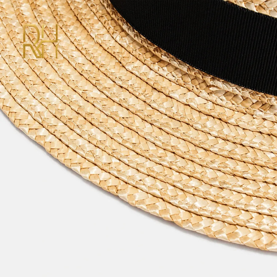 La boîte à chapeaux Chapeau Paille Blanc Femme - Boater Plat avec Ruban