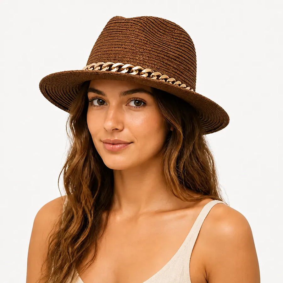 La boîte à chapeaux Grand Chapeau de Plage Femme - Panama Chaine Doree Jazz