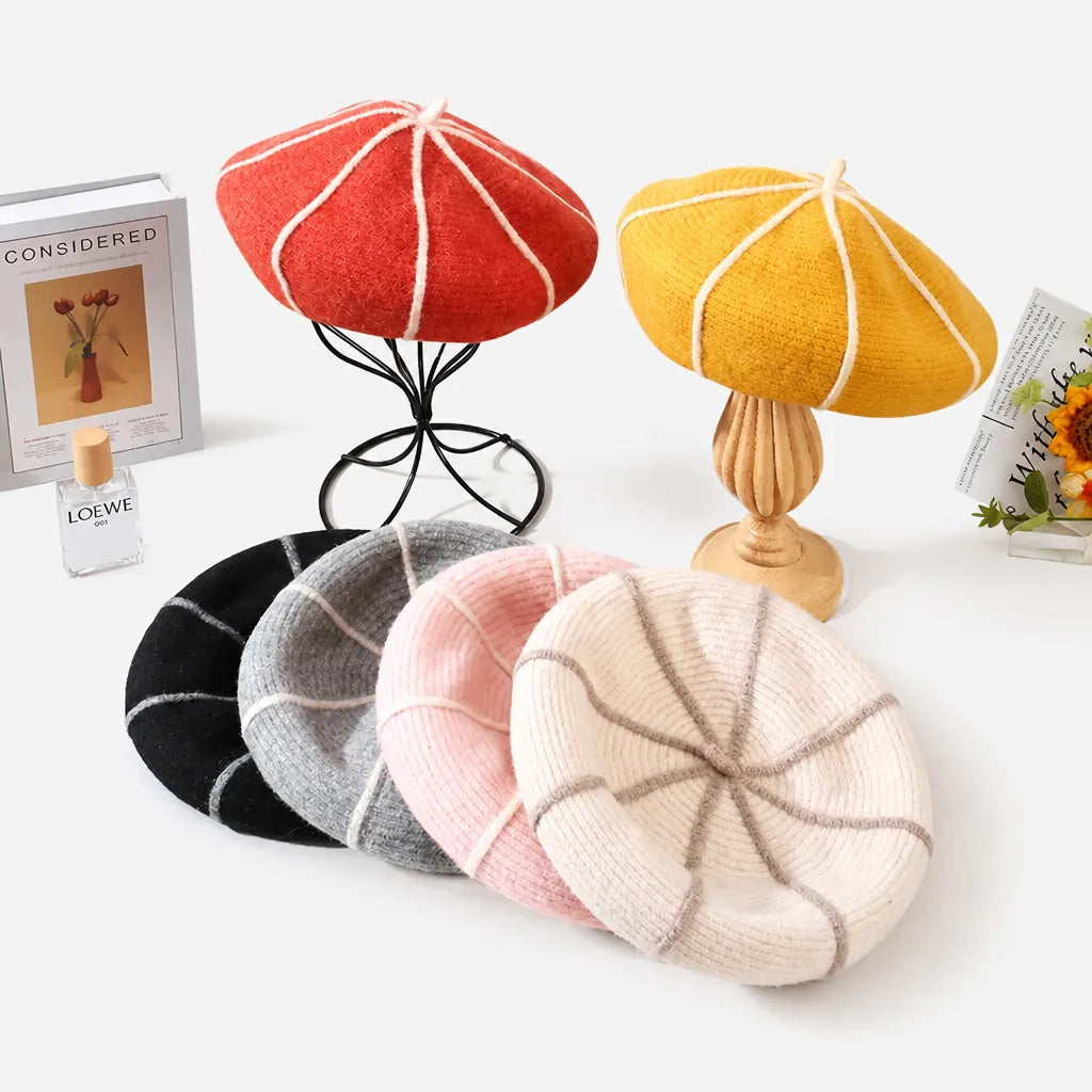 Bonnet Beret Femme Hiver - Motif Citrouille en Laine