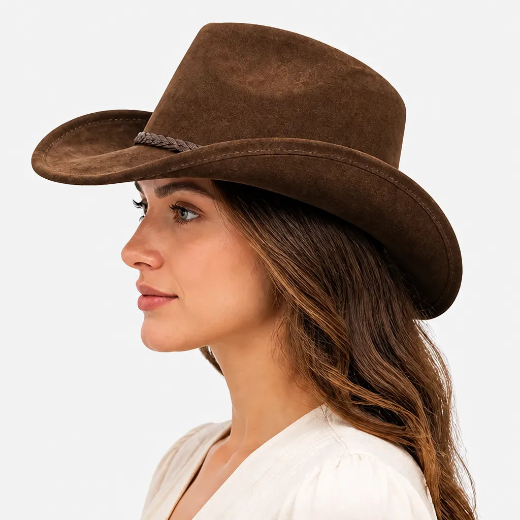 Chapeau de Cowboy Femme - Large Bord Releve et Ceinture Tressee