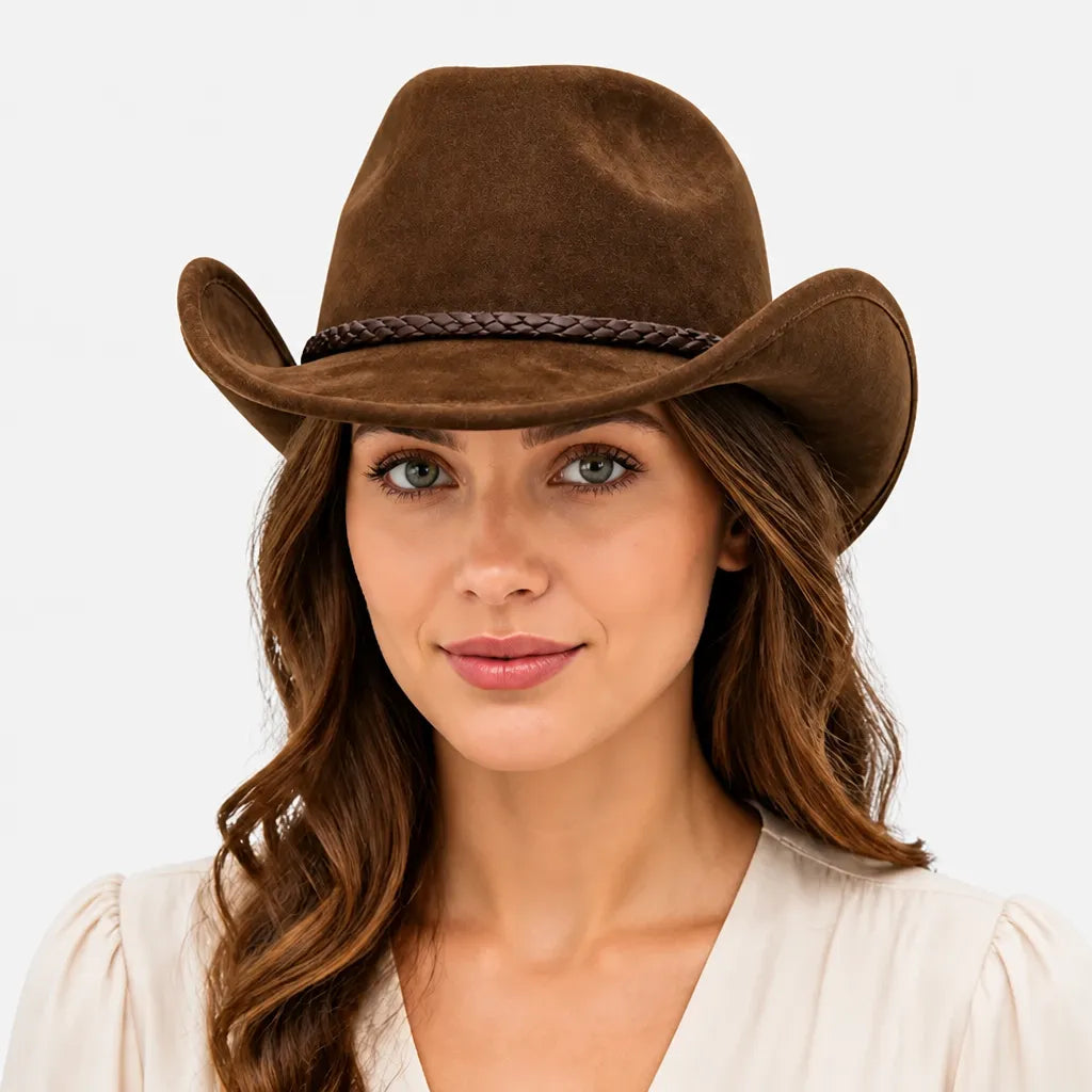 Chapeau de Cowboy Femme - Large Bord Releve et Ceinture Tressee