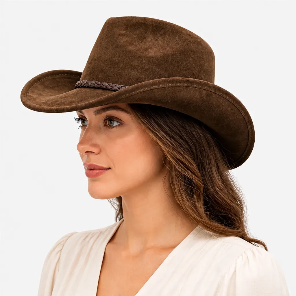 Chapeau de Cowboy Femme - Large Bord Releve et Ceinture Tressee