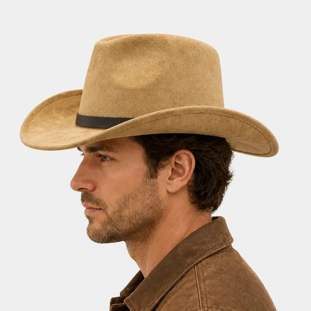 Chapeau Western - Large Bord Releve et Ceinture en Cuir Ethnique