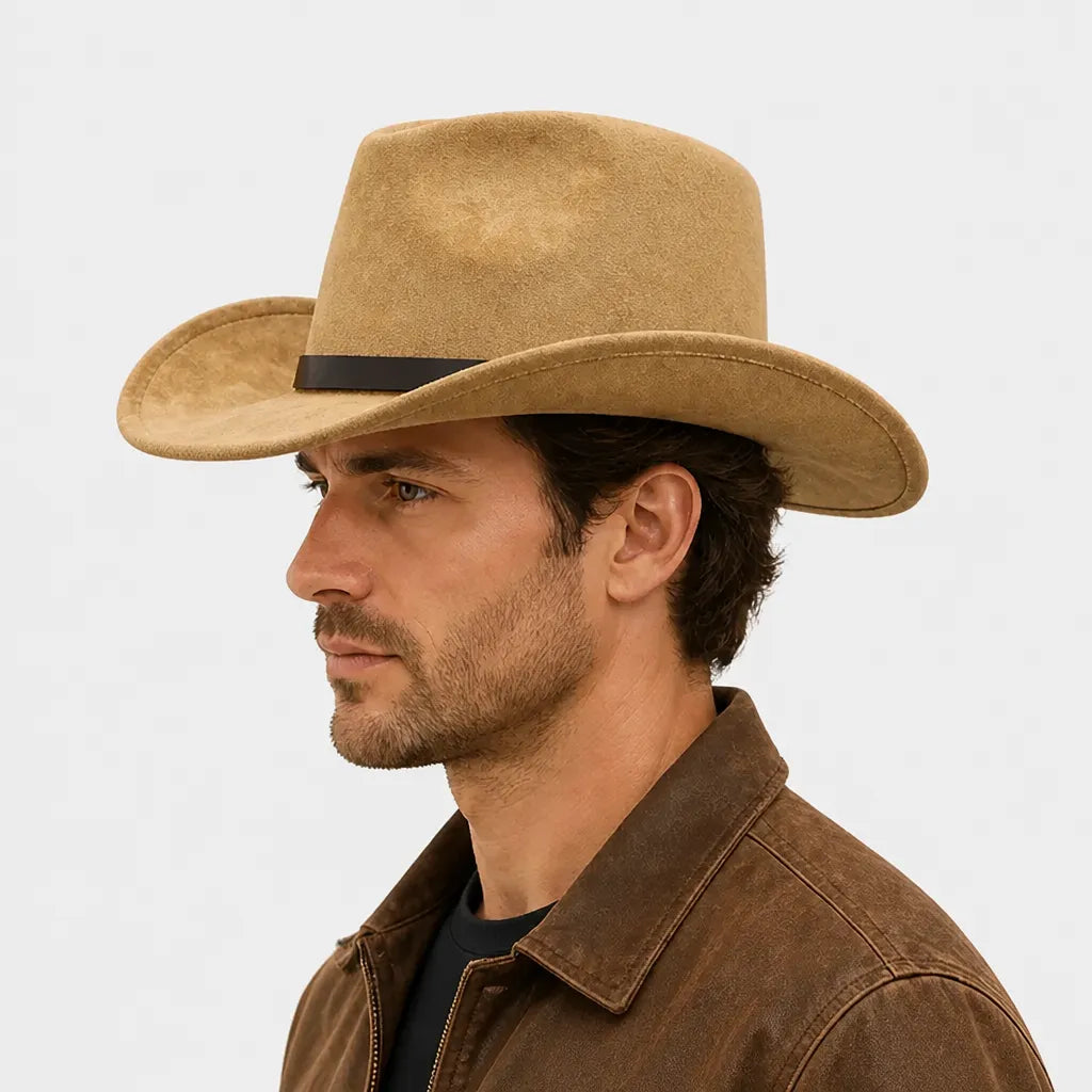 Chapeau Western - Large Bord Releve et Ceinture en Cuir Ethnique