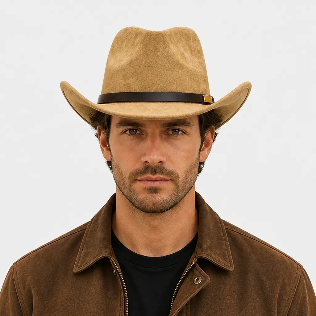 Chapeau Western - Large Bord Releve et Ceinture en Cuir Ethnique