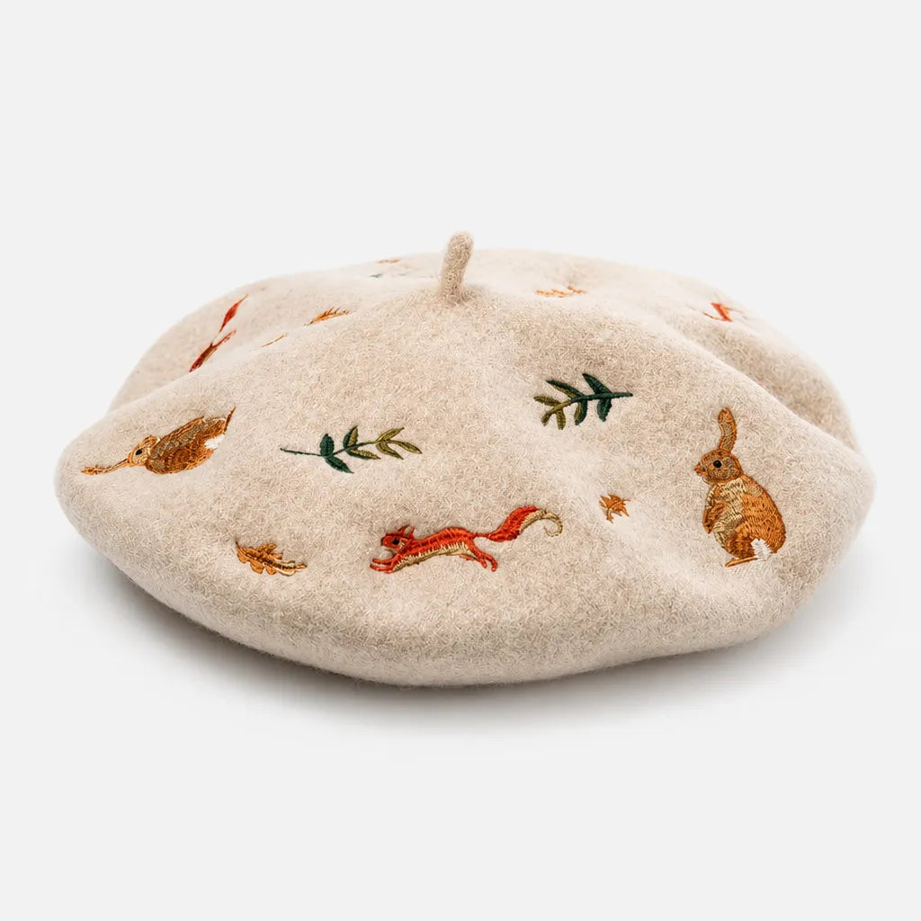 Beret Artiste Peintre - Brode Motif Lapin et Ecureuil