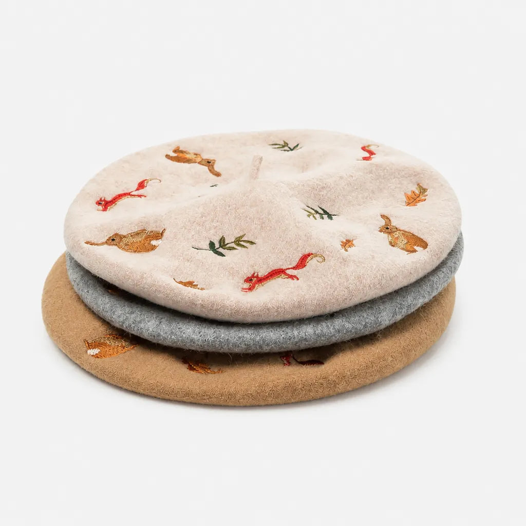 Beret Artiste Peintre - Brode Motif Lapin et Ecureuil