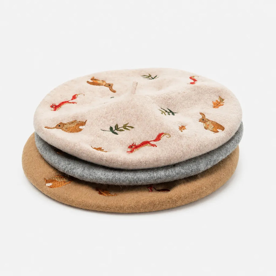 Beret Artiste Peintre - Brode Motif Lapin et Ecureuil