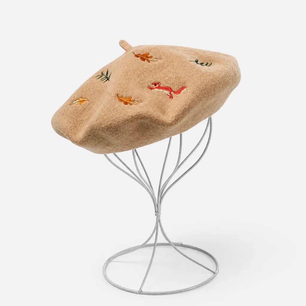 Beret Artiste Peintre - Brode Motif Lapin et Ecureuil