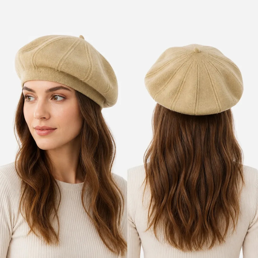 Beret Plat Femme - Tricot Beige Noir ou Bordeaux