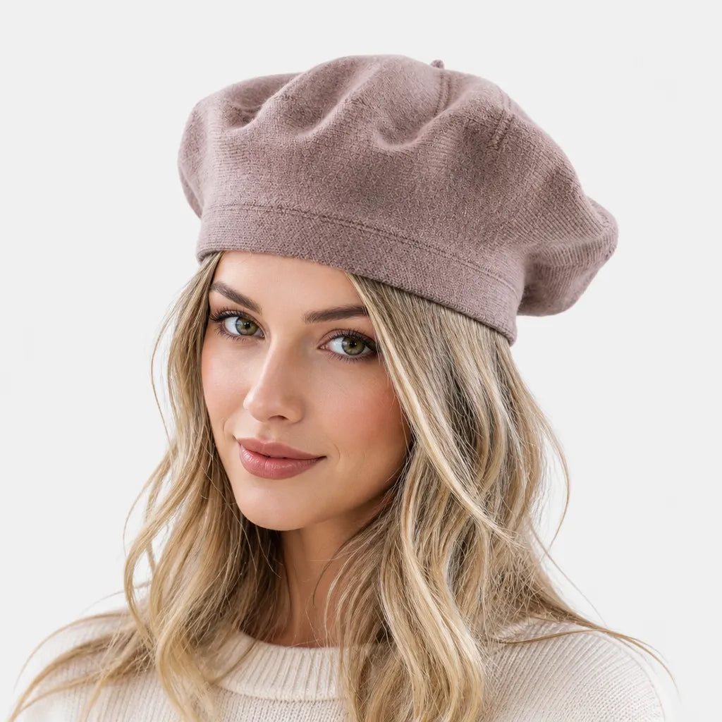Beret Plat Femme - Tricot Beige Noir ou Bordeaux