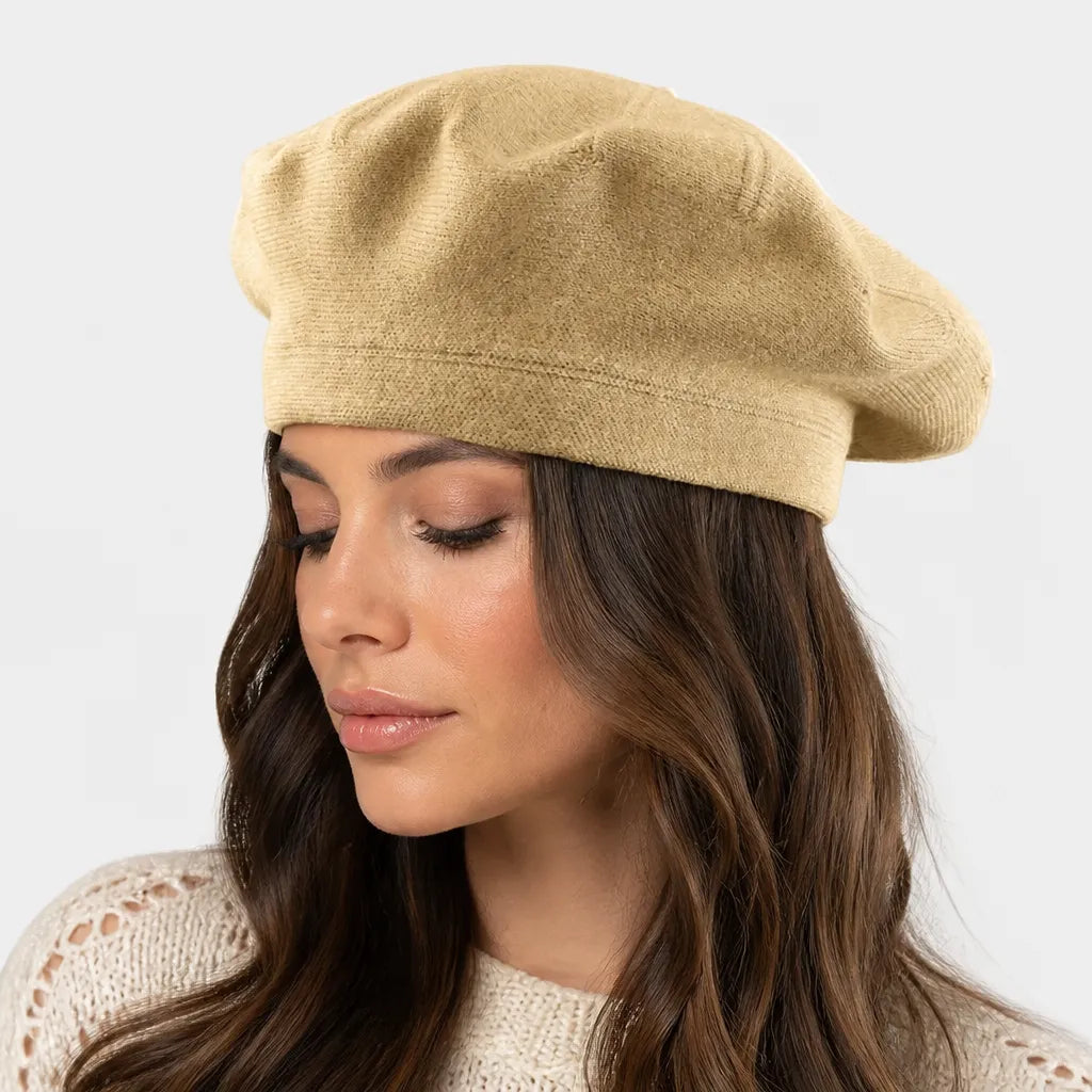 Beret Plat Femme - Tricot Beige Noir ou Bordeaux