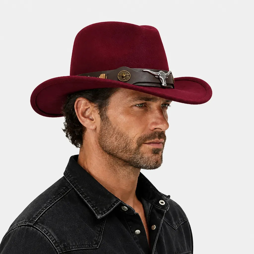 Chapeau Western Homme - a Ceinture en Cuir et Boucle Longhorn