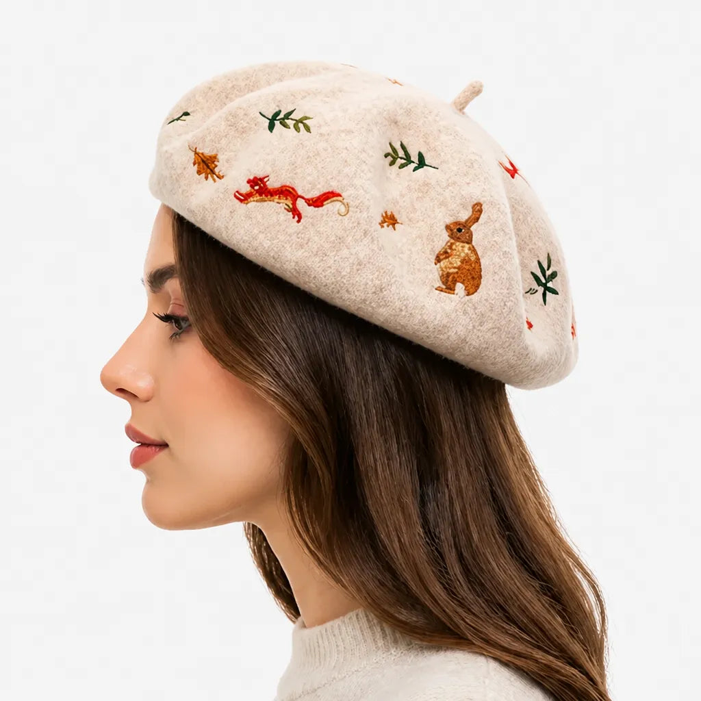 Beret Artiste Peintre - Brode Motif Lapin et Ecureuil