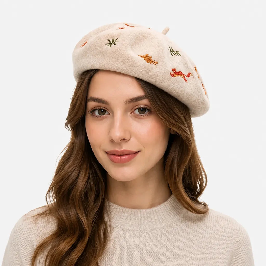 Beret Artiste Peintre - Brode Motif Lapin et Ecureuil