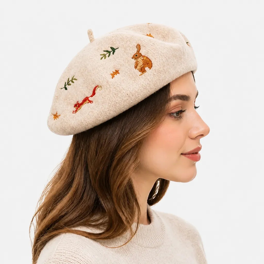 Beret Artiste Peintre - Brode Motif Lapin et Ecureuil