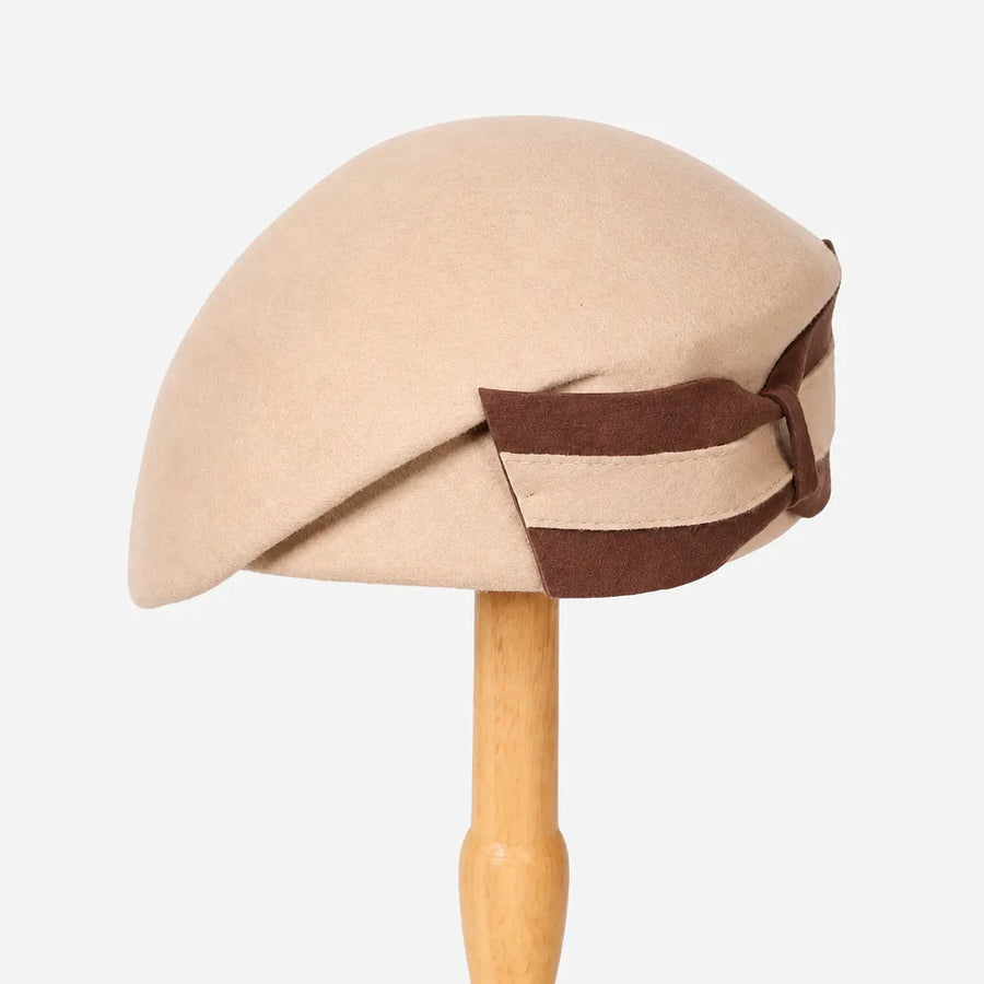 Beret Francais Femme - en Laine avec Noeud Bicolore