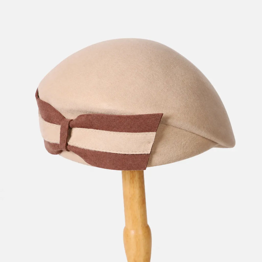 Beret Francais Femme - en Laine avec Noeud Bicolore