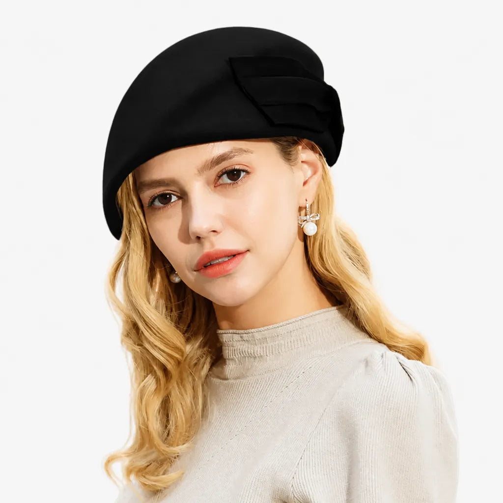 Beret Francais Femme - en Laine avec Noeud Bicolore