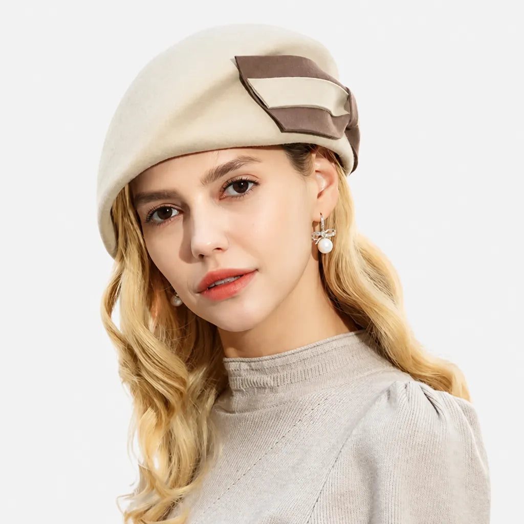 Beret Francais Femme - en Laine avec Noeud Bicolore