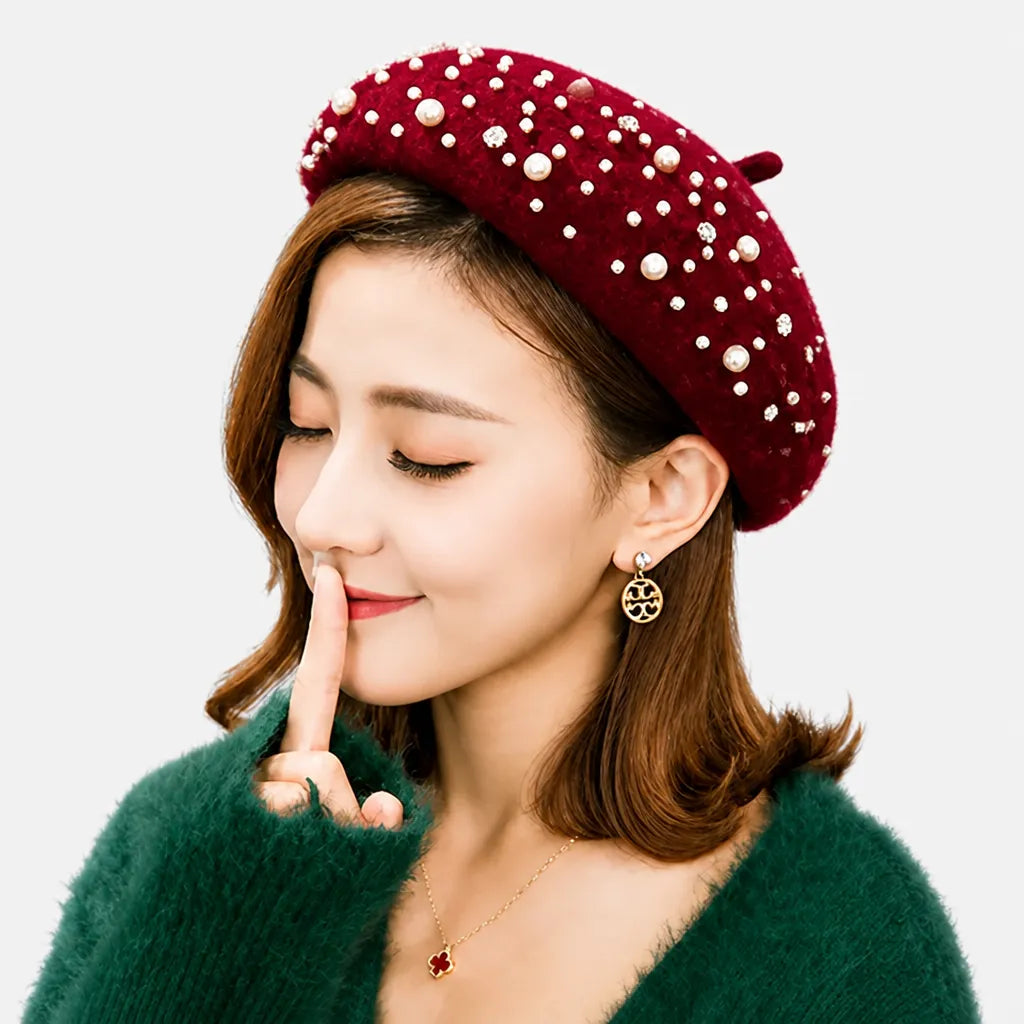 Beret Femme Hiver - en Laine avec Perles et Strass Retro