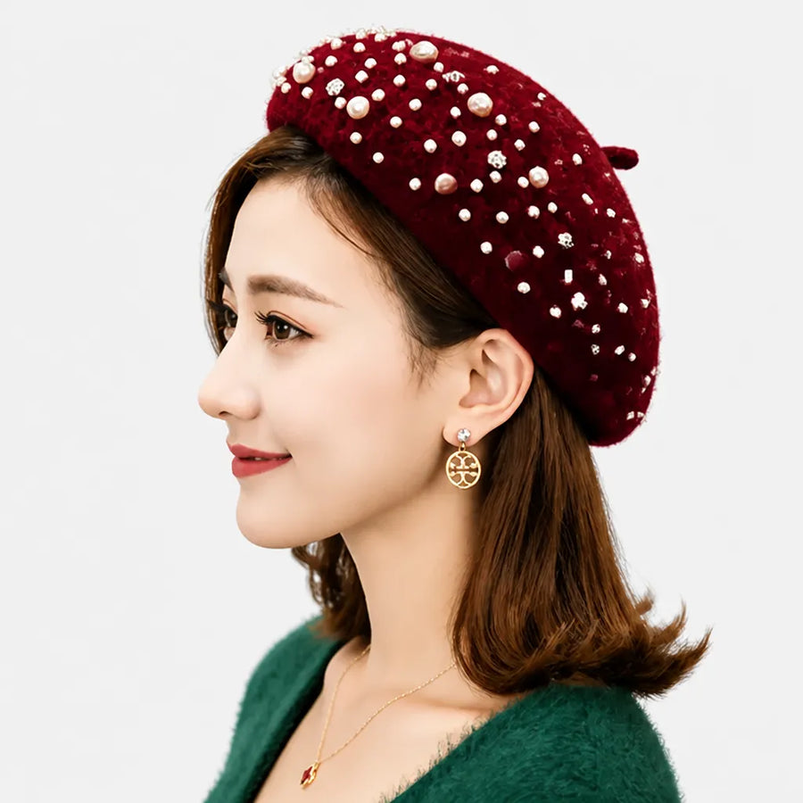 Beret Femme Hiver - en Laine avec Perles et Strass Retro