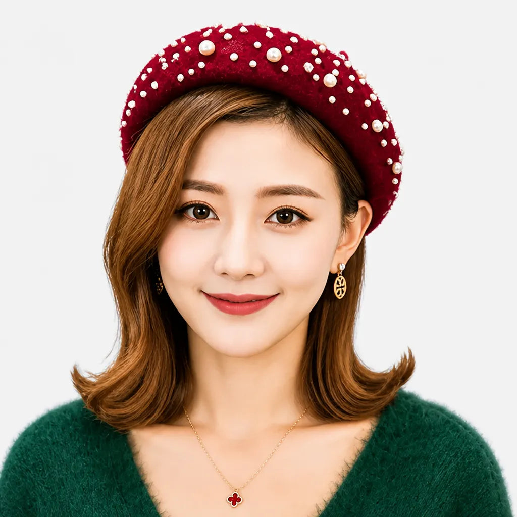 Beret Femme Hiver - en Laine avec Perles et Strass Retro