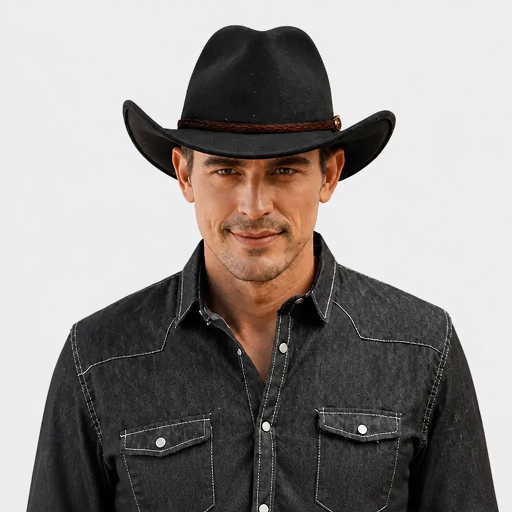 Chapeau de Cowboy Homme - Feutre 100% laine avec Ceinture Marron