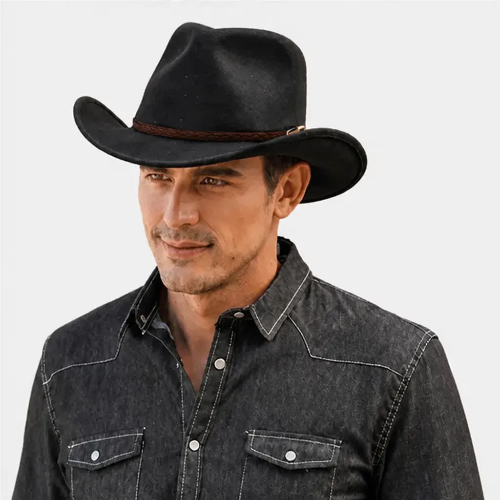 Chapeau de Cowboy Homme - Feutre 100% laine avec Ceinture Marron