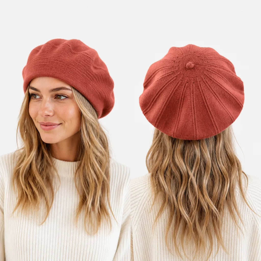 Beret Plat Femme - Tricot Beige Noir ou Bordeaux