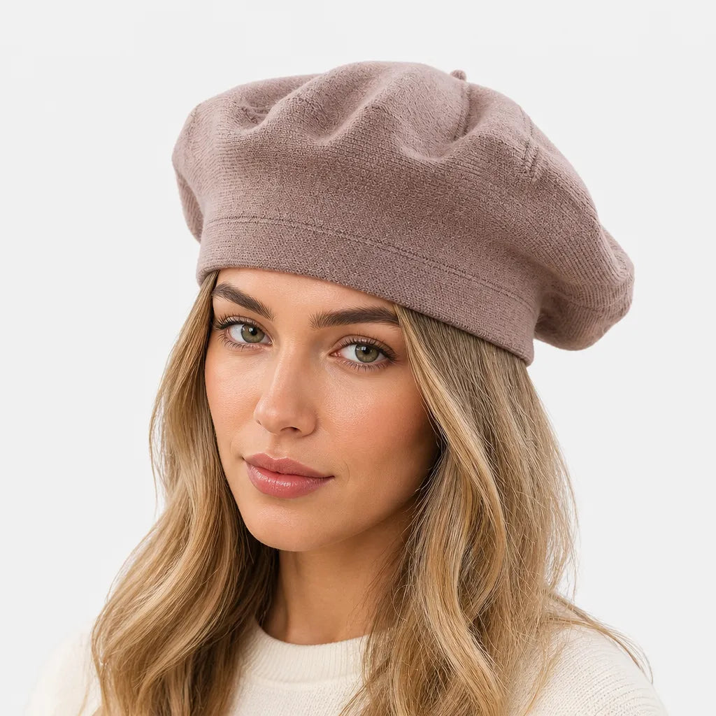 Beret Plat Femme - Tricot Beige Noir ou Bordeaux