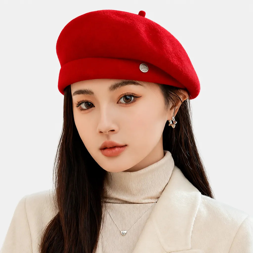 Beret Rouge Femme - en Laine, Reglable Automne-Hiver