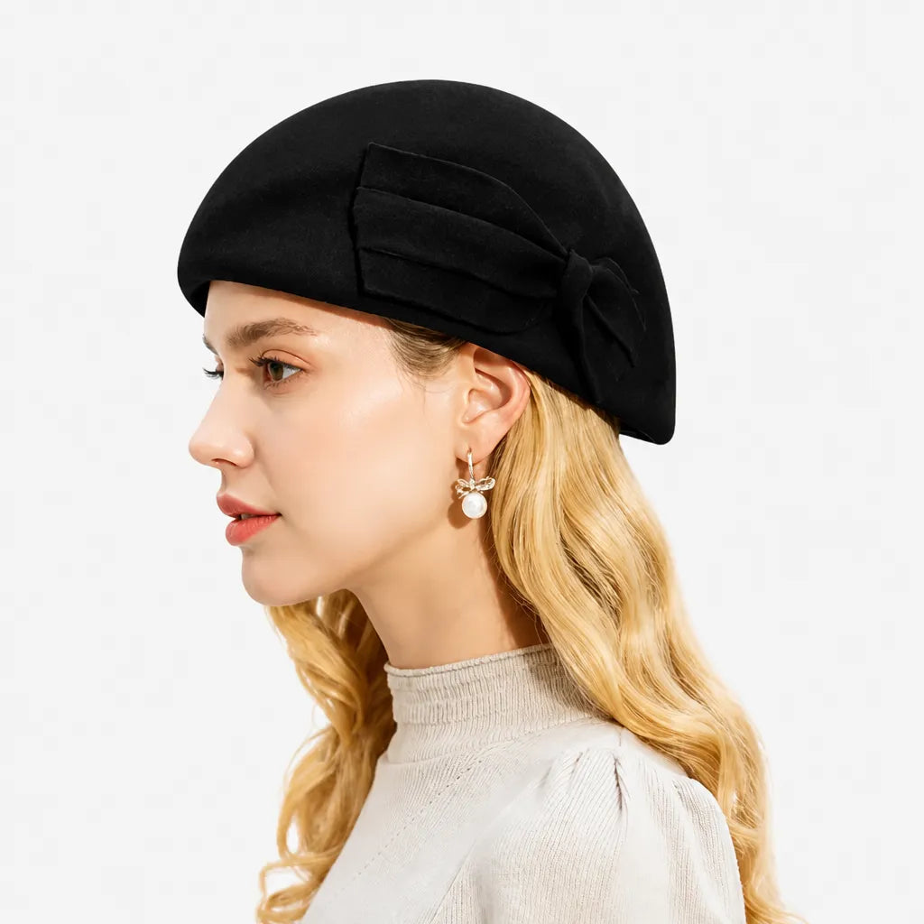 Beret Francais Femme - en Laine avec Noeud Bicolore