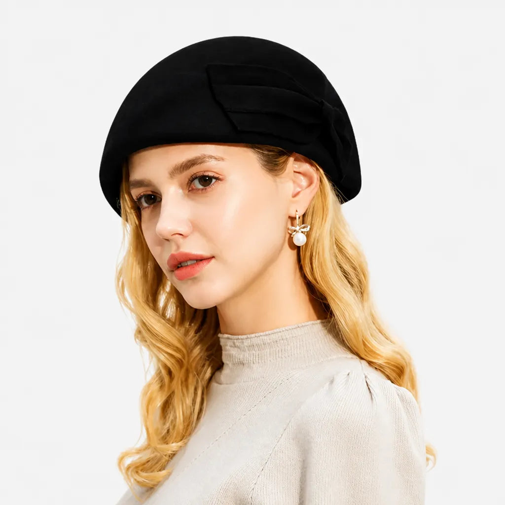 Beret Francais Femme - en Laine avec Noeud Bicolore