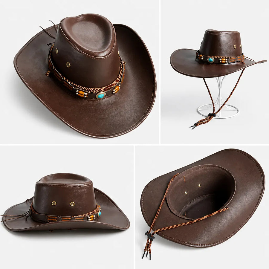 Chapeau Cowboy Marron - Simili Cuir avec Pierre Turquoise