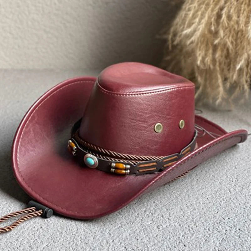 Chapeau Cowboy Marron - Simili Cuir avec Pierre Turquoise