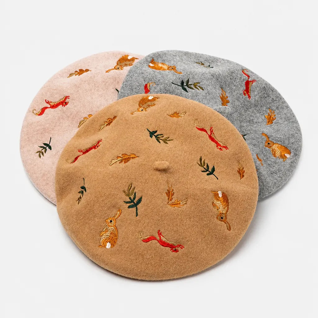 Beret Artiste Peintre - Brode Motif Lapin et Ecureuil