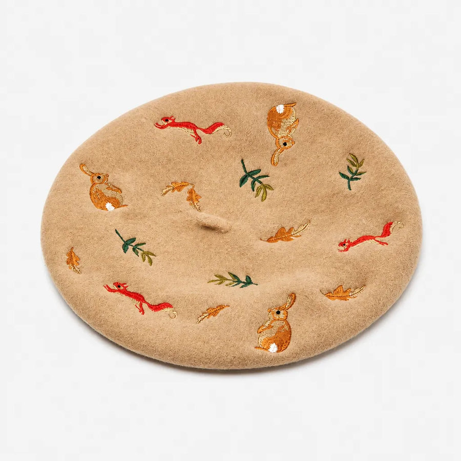 Beret Artiste Peintre - Brode Motif Lapin et Ecureuil