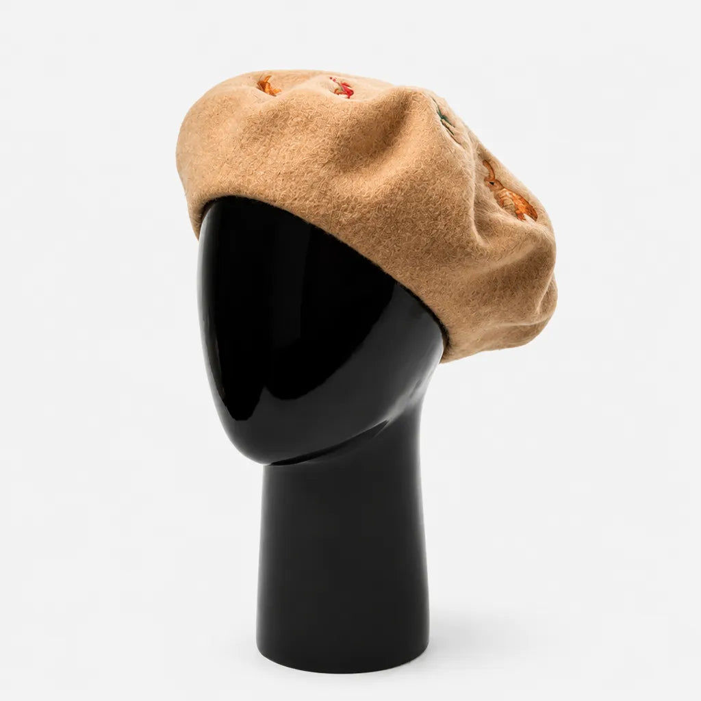 Beret Artiste Peintre - Brode Motif Lapin et Ecureuil