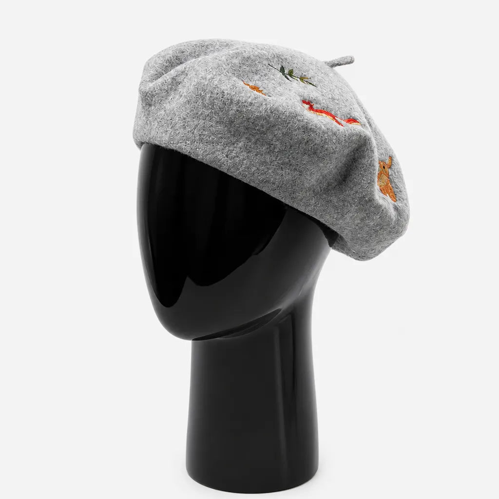 Beret Artiste Peintre - Brode Motif Lapin et Ecureuil