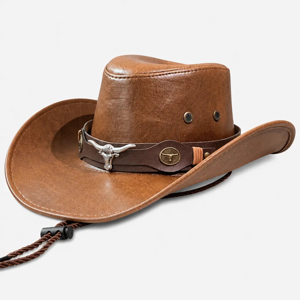 Chapeau Cowboy Marron - Simili Cuir avec Pierre Turquoise