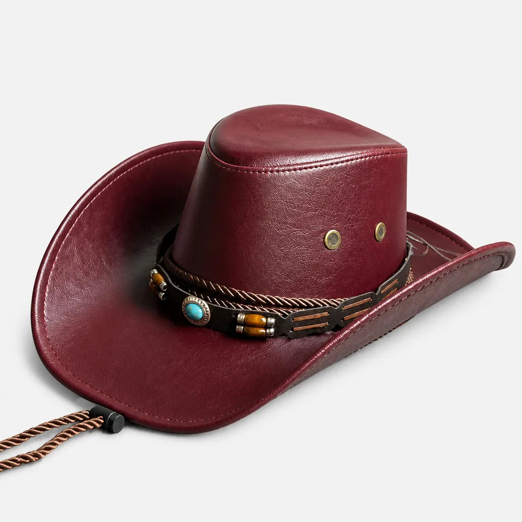 Chapeau Cowboy Marron - Simili Cuir avec Pierre Turquoise