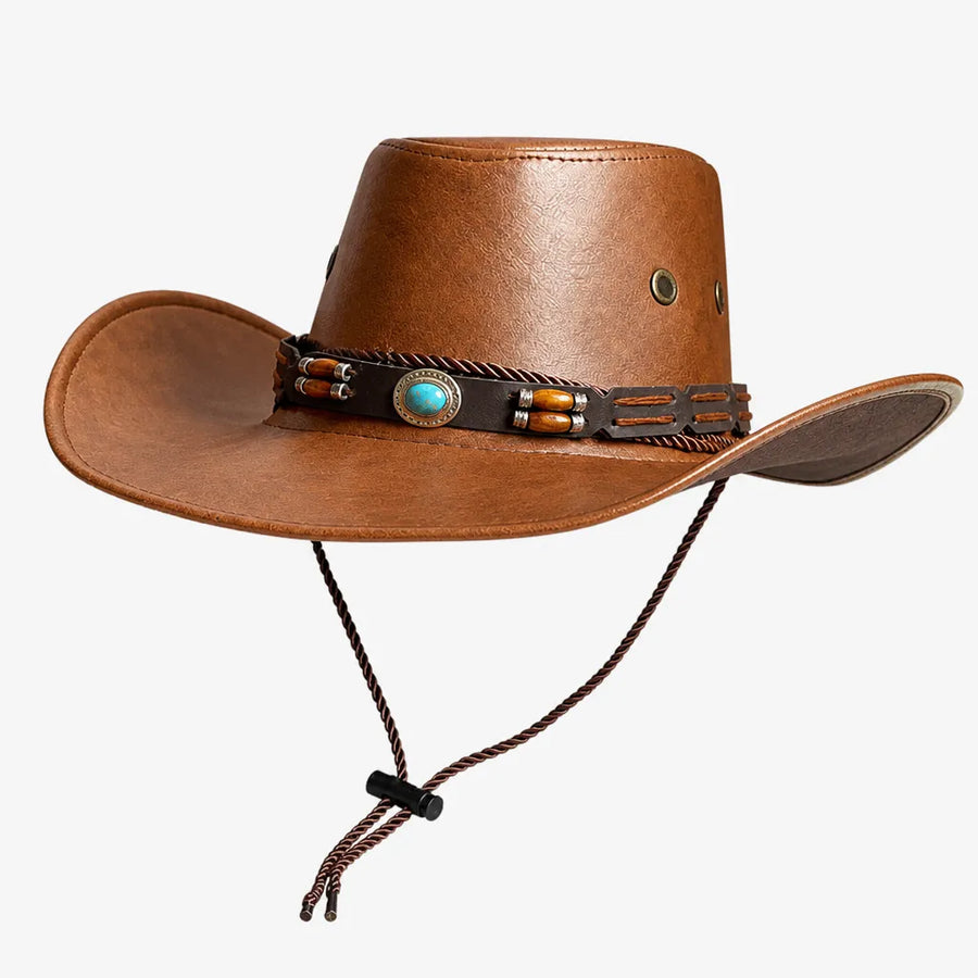Chapeau Cowboy Marron - Simili Cuir avec Pierre Turquoise