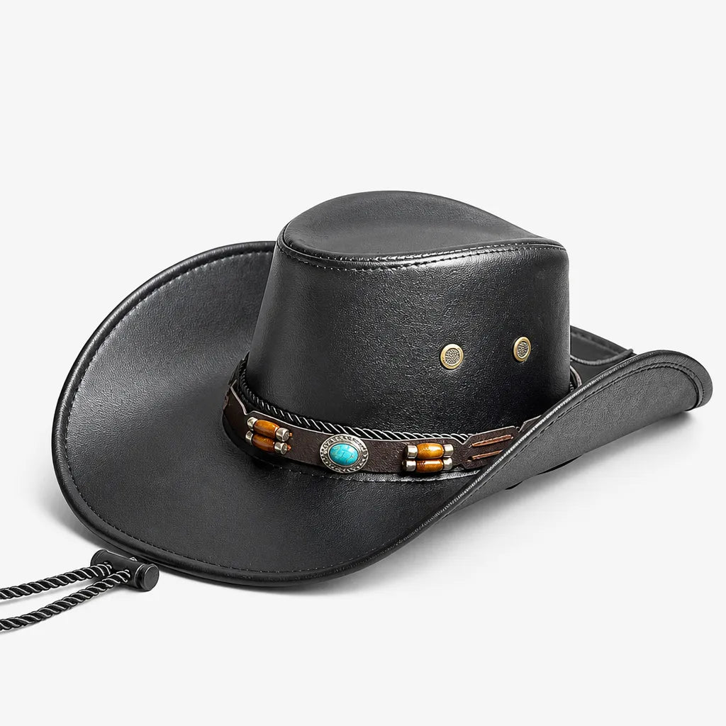 Chapeau Cowboy Marron - Simili Cuir avec Pierre Turquoise
