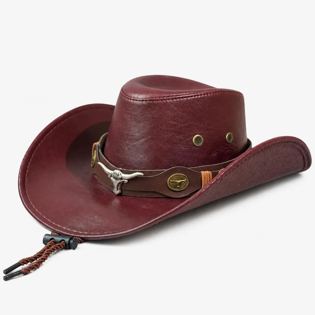 Chapeau Cowboy Marron - Simili Cuir avec Pierre Turquoise